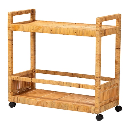 Bali & Pari Genet Modern Bohemian Natural Brown Rattan and Teak Wood 2-Tier Kitchen Cart 241-13430-ZORO